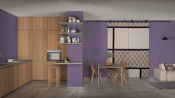 紫色のトーン、コンクリートタイル、ソファ、ダイニングテーブル、椅子、スツール付きの島、木製キャビネット、スライドドア、建築インテリアデザインのモダンなミニマリストのリビングルームとキッチン - 写真・画像