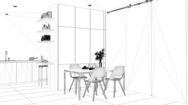 Projet Blueprint brouillon, minimaliste salle à manger en bois moderne et cuisine, carreaux de béton, table avec chaises, armoires et étagères, porte coulissante en tissu. Architecture design d'intérieur - Photo, image