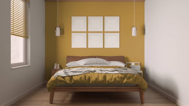 Minimalist yellow and wooden bedroom in scandinavian style, double bed with duvet, pillows and blanket, parquet, frame mockup, pendant lamps and side tables. Modern interior design - 写真・画像