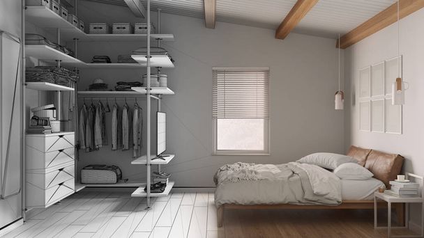 Architect interior designer concept: hand-drawn draft unfinished project that becomes real, bedroom with walk-in closet, parquet floor, wooden beams ceiling, bed with duvet, pillows - 写真・画像