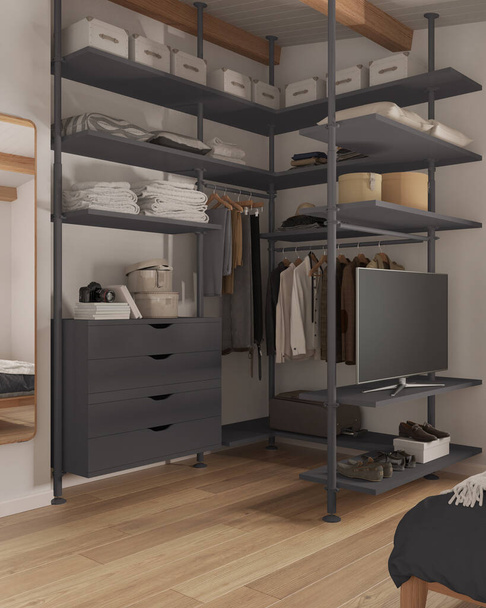 Modern minimalist bedroom walk in closet close up in gray tones. Mirror, parquet floor, chest of drawers and shelves. Hanging clothes, boxes and shoes. Contemporary interior design - Photo, Image