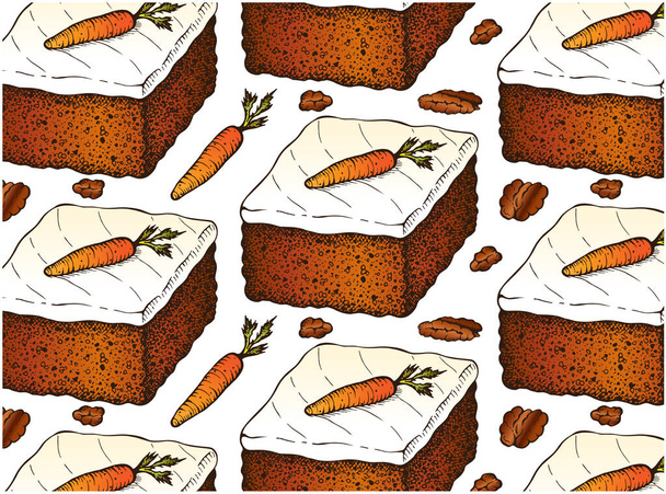 Croquis dessin patron de gâteau aux carottes isolé sur fond blanc. Papier peint de dessert orange doux dessiné à la main. Crème fouettée, noix, noix de pécan, noix. Ligne de nourriture d'art. Illustration vectorielle. - Vecteur, image