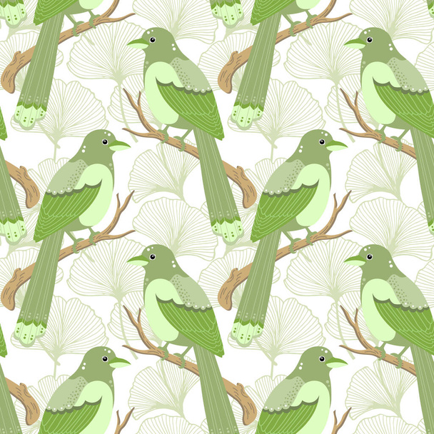 Seamless pattern, drawn gentle magpie birds on a background of contour green leaves. Print, textile, decor for pastel linen, wallpaper - ベクター画像