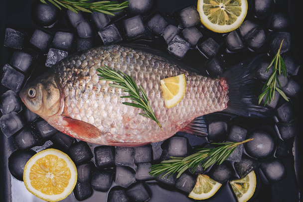 Cooking fish, raw fish on a baking tray with ice cubes, lemon slices and rosemary sprigs - Фото, зображення
