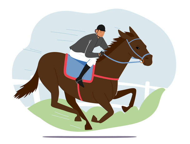 馬術スポーツと馬の訓練の概念。トレーナージョッキーキャラクター乗馬サラブレッドスタリオンオンヒッポドローム - ベクター画像