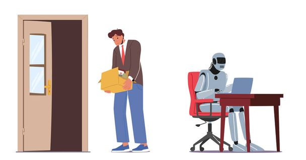Ontslagen Man Character Leave Office met Box, Werkloosheid. Kunstmatige intelligentie vervangt de menselijke werknemer. Verloren baan - Vector, afbeelding