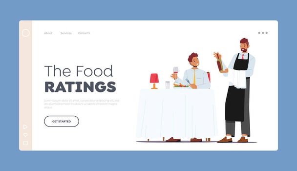 Food Ratings Landing Page Template. Young Man Sitting at Table Ordering Food and Wine in Restaurant. Waiter Bring Bottle - Vector, Image
