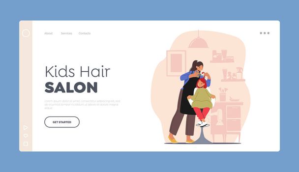 Beautician Grooming Place for Kid Landing Page Template. Young Girl Groomer Hairdresser in Beauty Salon Cut Child Hair - Vector, Image