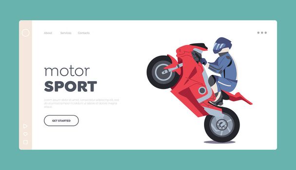 Motor Sport Landing Page Template (en inglés). Motociclista Stuntman Hombre Carácter Montar Motocicleta Hacer acrobacias extremas - Vector, Imagen