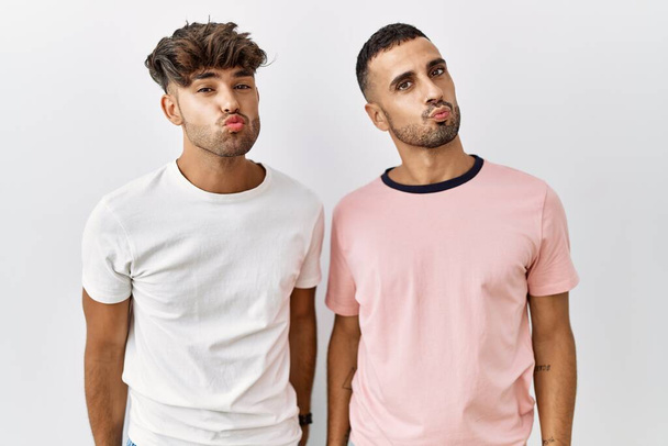 Young gay couple standing over isolated background looking at the camera blowing a kiss on air being lovely and sexy. love expression.  - Foto, Imagen