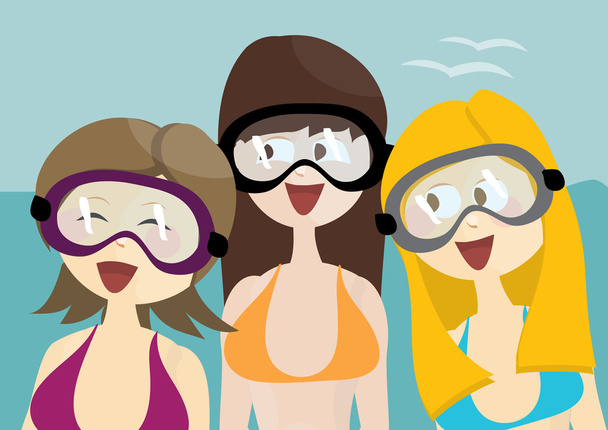 drie gelukkige meisjes met snorkelen maskers - Foto, afbeelding