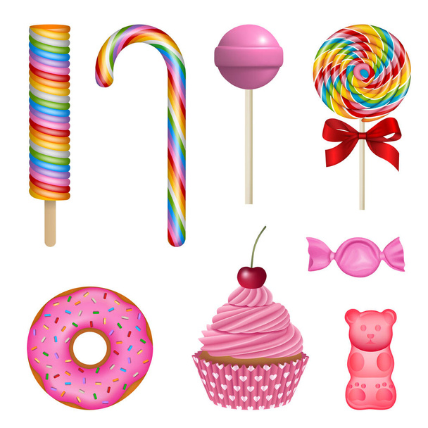 Conjunto de dulces aislados. colección de dulces y pasteles de colores - Vector, imagen