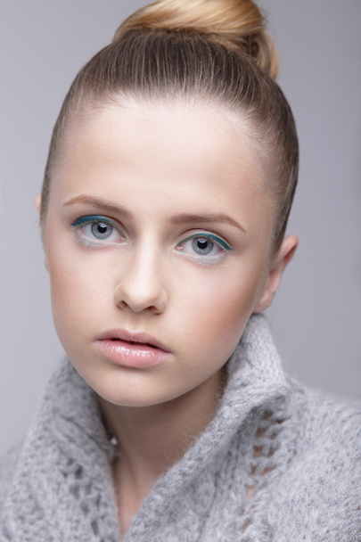 Portrait of Young Female in Grey Woolen Sweater - Fotografie, Obrázek
