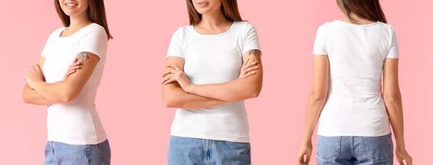 Set of young woman in white t-shirt on pink background. Mockup for design - Fotó, kép