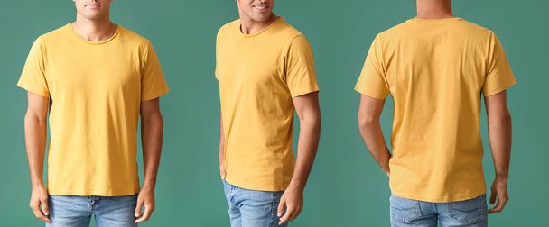 Set of young man in yellow t-shirt on green background. Mockup for design - Photo, Image