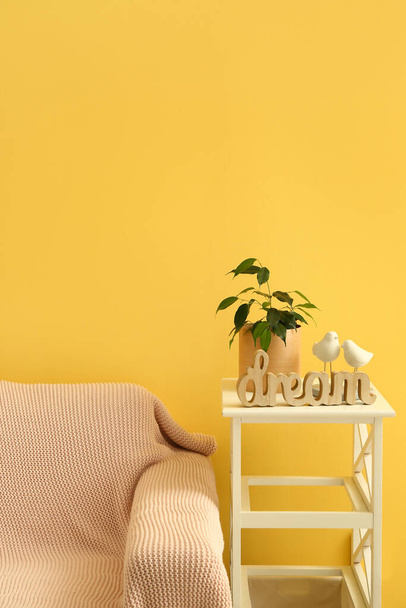 Ficus benjamina em panela e decoração na mesa perto da parede amarela - Foto, Imagem