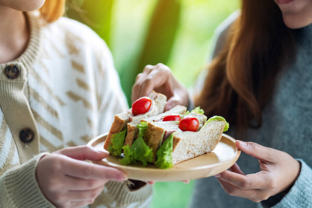 Zwei Frauen halten und essen gemeinsam Vollkornsandwich in einem Holzteller - Foto, Bild