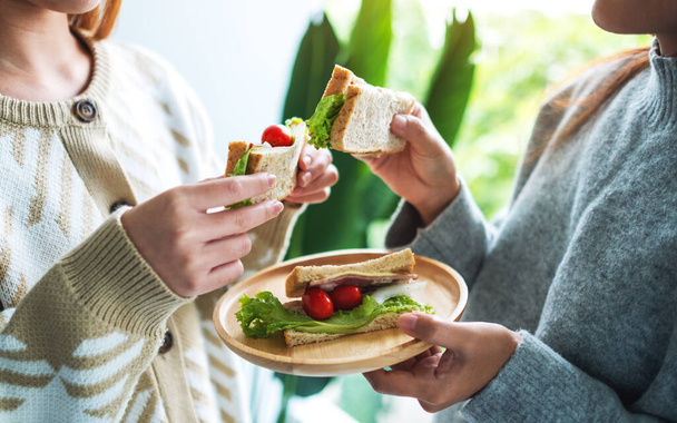 Two women holding and eating whole wheat sandwich in wooden plate together - 写真・画像