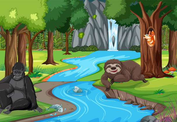 Animales salvajes personajes de dibujos animados en la escena del bosque ilustración - Vector, Imagen