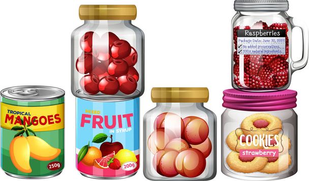 Canned fruits and snack in jars illustration - Vector, Image