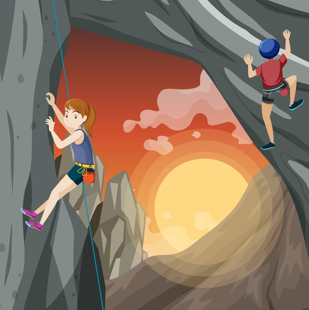 Rock climber on cliff at sunset time illustration - Vector, Image
