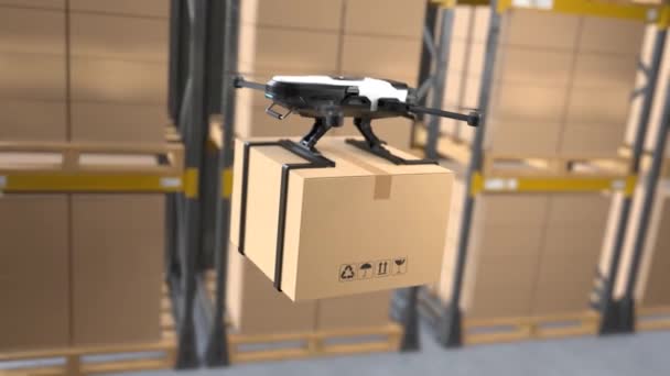 Drone de entrega volando en un almacén  - Metraje, vídeo