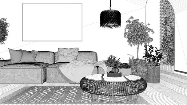 Proyecto de proyecto de proyecto, escandinava sala de estar de madera con parquet y alfombra, maqueta marco, sofá con almohadas, mesa de ratán redonda, plantas en maceta, almohadas. Diseño interior moderno - Foto, imagen