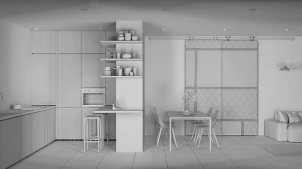 Проект полностью белый, современная минималистская гостиная и кухня, диван, обеденный стол, стулья, остров со стульями, деревянные шкафы, раздвижная дверь, архитектурный интерьер - Фото, изображение