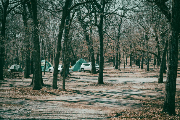 Tonificado fila de fotos de tiendas de campaña y coches en el camping en el parque nacional de Oklahoma, América. Actividades al aire libre, exploradoras y recreativas en un soleado día de invierno. - Foto, imagen