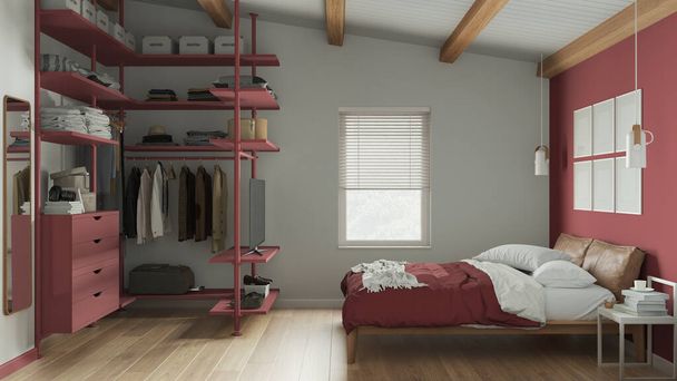 Moderno quarto minimalista em tons vermelhos com closet, piso em parquet, vigas de madeira teto, cama com edredão e travesseiros. Janela com persianas, decorações. Design de interiores contemporâneo - Foto, Imagem