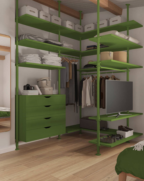 Modern minimalist bedroom walk in closet close up in green tones. Mirror, parquet floor, chest of drawers and shelves. Hanging clothes, boxes and shoes. Contemporary interior design - 写真・画像