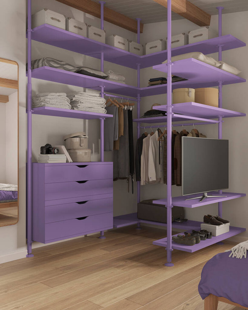 Modern minimalist bedroom walk in closet close up in purple tones. Mirror, parquet floor, chest of drawers and shelves. Hanging clothes, boxes and shoes. Contemporary interior design - Photo, Image