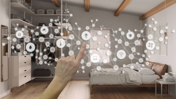 Glowing smart home interface, geometric background, connected line and dots showing internet of things system, hand pointing icons over bedroom with walk-in closet, home automation - Photo, Image