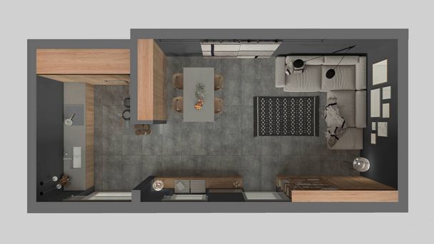 Moderna sala de estar minimalista y cocina en tonos grises, azulejos de hormigón, sofá, mesa de comedor, con sillas, estantería y armarios, diseño de interiores de arquitectura. Vista superior, plano, arriba - Foto, Imagen