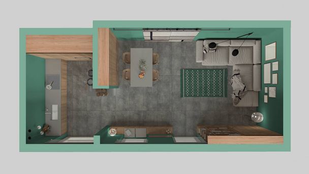 Salon minimaliste moderne et cuisine dans des tons turquoise, carrelage en béton, canapé, table avec chaises, étagère et armoires, architecture design d'intérieur. Vue de dessus, plan, ci-dessus - Photo, image