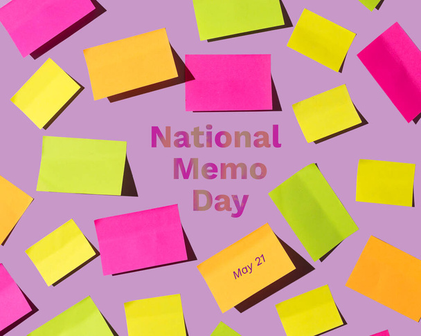 Multi-colored paper sticky notes on purple background. Memo Day May 21 text. Holidays concept. - Foto, Bild