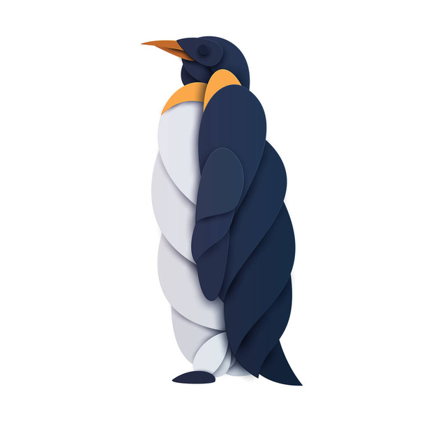Pinguin Silhouette isoliert auf weißem Hintergrund. Abstraktes Wildtier. Kreatives 3D-Konzept im Cartoon-Craft-Scherenschnitt-Stil. Farbenfroher minimalistischer Designcharakter. Moderne geometrische Vektordarstellung. - Vektor, Bild