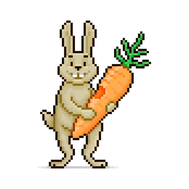 colorful simple vector flat pixel art illustration of cartoon cute rabbit with a bitten carrot in its paws - ベクター画像