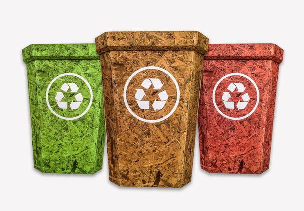 rood geel groen recycle bin uit cork hout - Foto, afbeelding