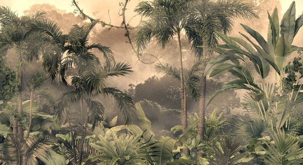 tropical trees and leaves for digital printing wallpaper, custom design wallpaper - 3D illustration - Fotoğraf, Görsel