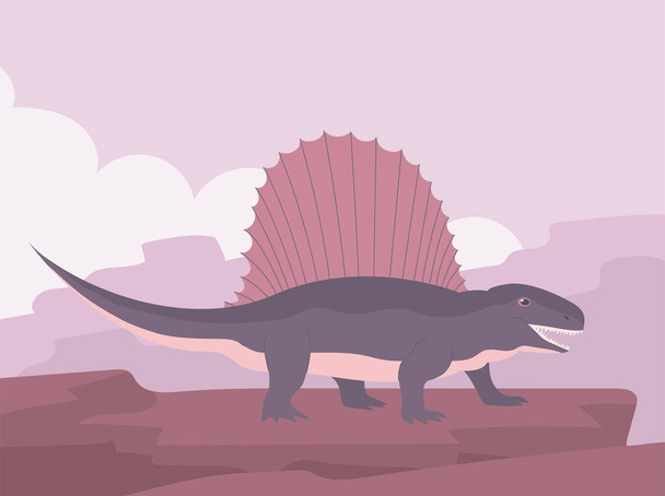 Dimetrodon dinosaurus lovec z Jurského období. Talíř s ploutvemi na zádech. Starověký prehistorický pangolin v pozadí skalnaté krajiny. Vektorová kreslená ilustrace - Vektor, obrázek