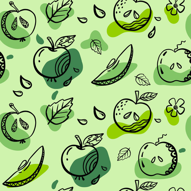 Яблоки фруктов бесшовный узор. Яблоки с нарисованным вручную листом повторяются на заднем плане. Целые фрукты и срезать половину. Шаблон питания для фона, текстиля, оберточной бумаги, обоев - Вектор,изображение