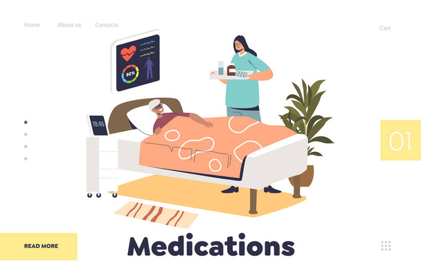 Medications concept of landing page with nurse bringing pills to elder patient woman on hospital bed - Вектор,изображение