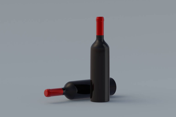 Two wine bottles on gray background. 3d render - Foto, imagen