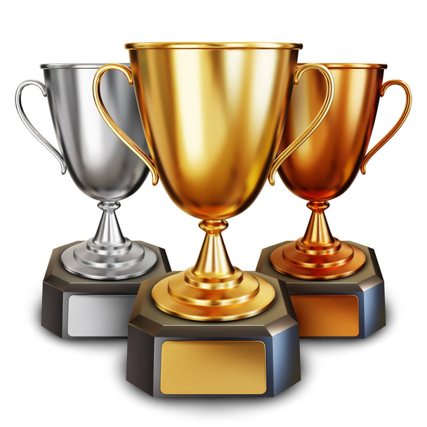Set of Golden, Silver and Bronze trophy cup or champion cup with empty plates for your text. First, second and third place in the competition. Realistic 3D vector illustration on white background - Vetor, Imagem