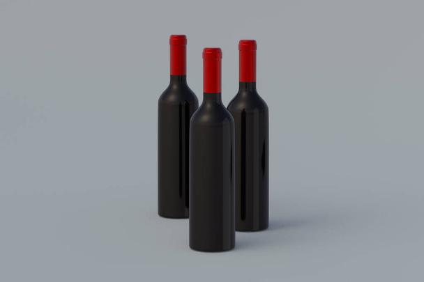 Set of bottles of luxury wine on gray background. 3d render - Foto, imagen