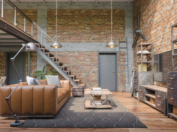 Industrial Style Loft Apartment with indoor balcony, 3d render - Фото, изображение