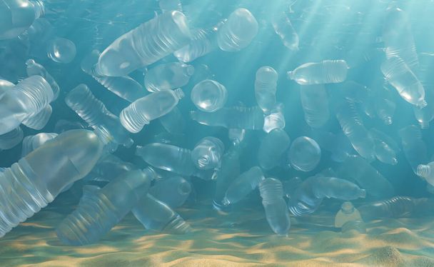Montón de botellas de plástico nadando en el mar contaminado con fondo arenoso y ligero resplandor en el soleado día de verano en la naturaleza. renderizado 3d - Foto, Imagen