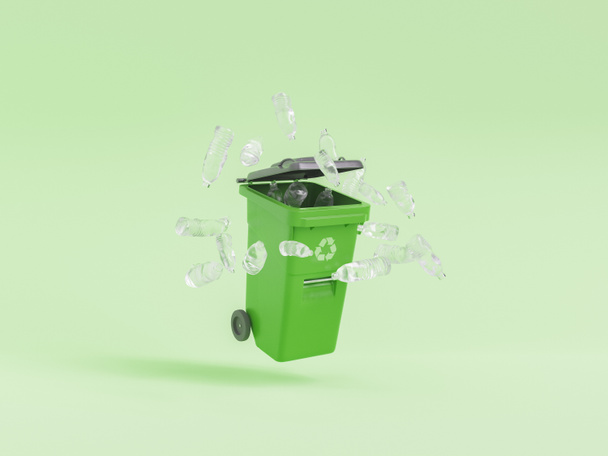 3D illustration of recycling bin with bunch of plastic bottles levitating against green background - 写真・画像