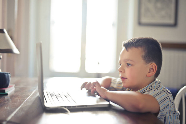child uses a laptop at home - Φωτογραφία, εικόνα